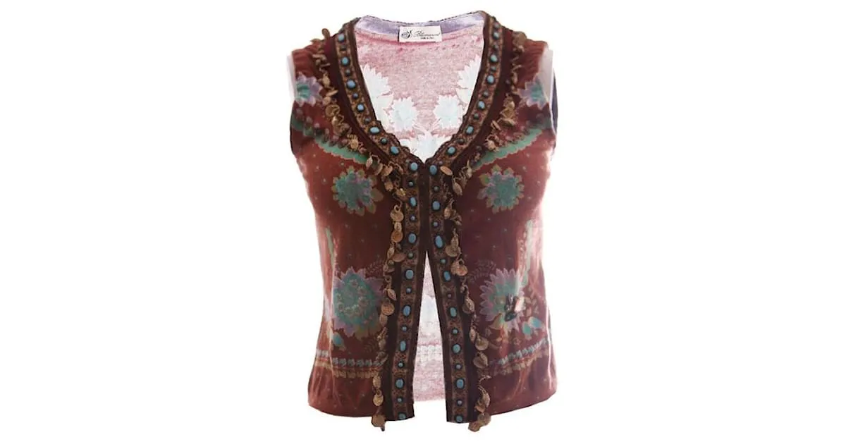 BLUMARINE, Chaleco marrón con monedas y cuentas. Castaño Multicolor 