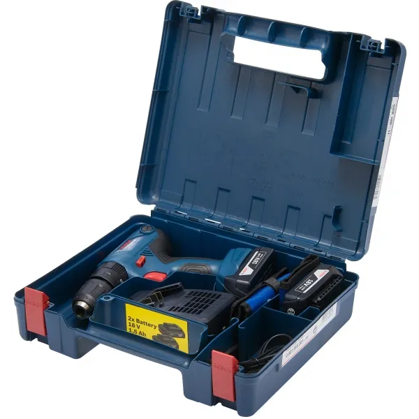 Bosch - GSB 180-LI - Atornilladora taladradora de percusión con 2 baterías, Li-Ion, 18 V, 2 ah, 54 nm, caja de plastico