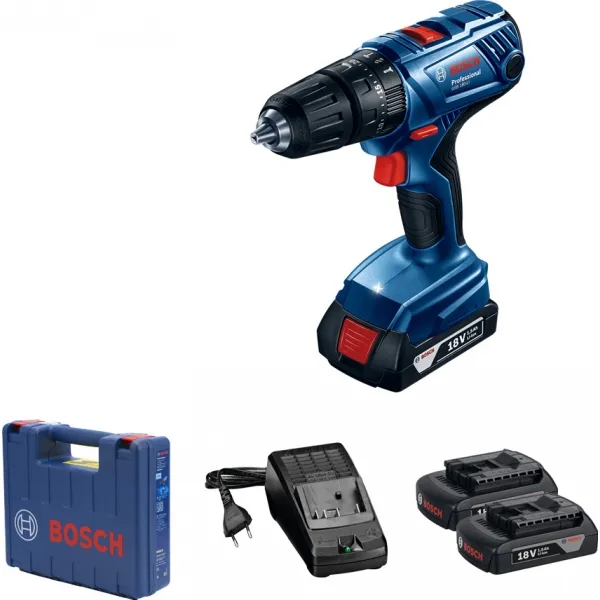 Bosch - GSB 180-LI - Atornilladora taladradora de percusión con 2 baterías, Li-Ion, 18 V, 2 ah, 54 nm, caja de plastico