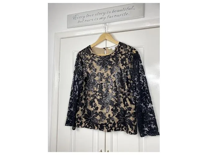 Diane Von Furstenberg Top de manga larga DvF 'Belle' negro con malla de encaje floral de lentejuelas Carne 
