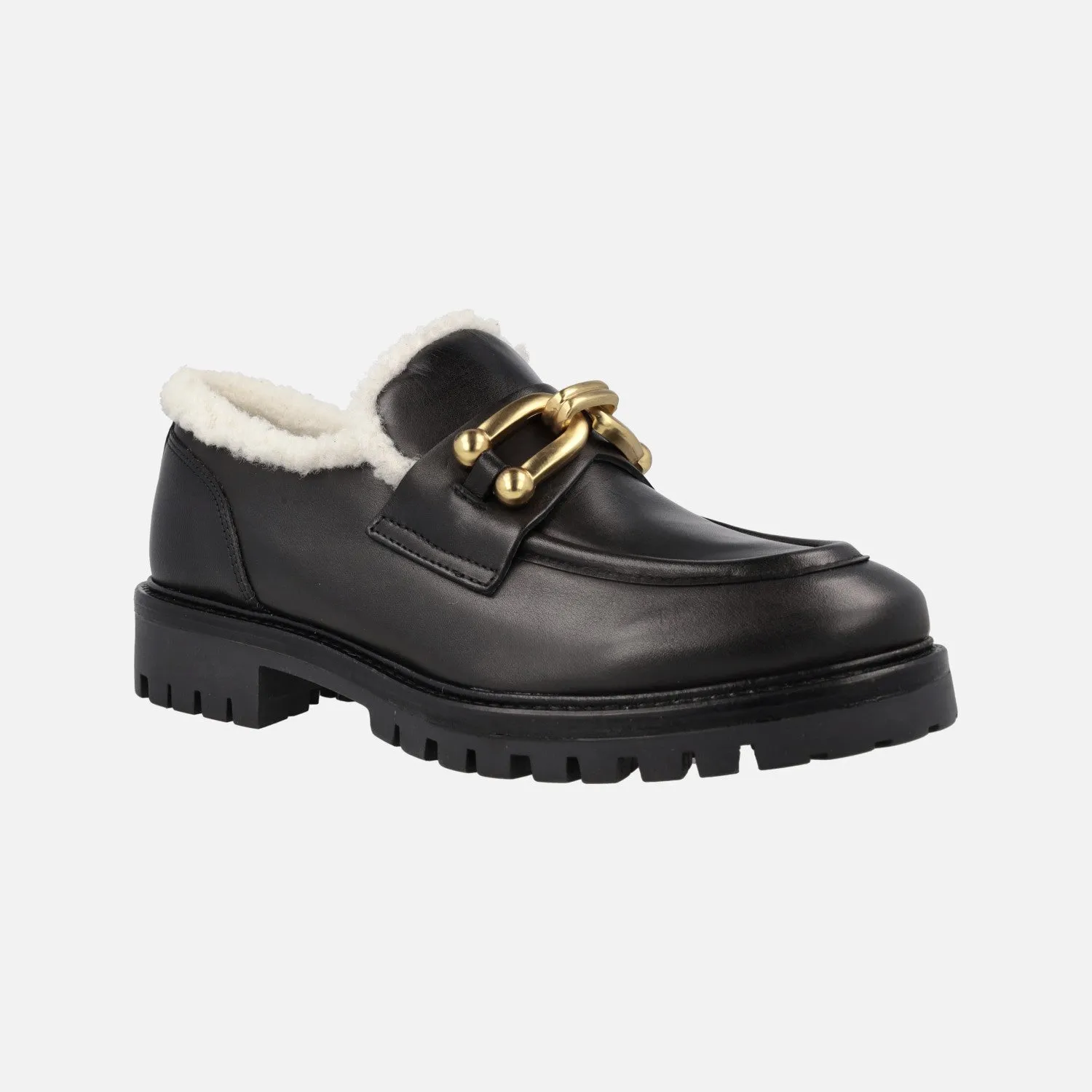 MOCASINES DE piel negra MILITARE CON FORRO BORREGUILLO Y ADORNO METÁLICO