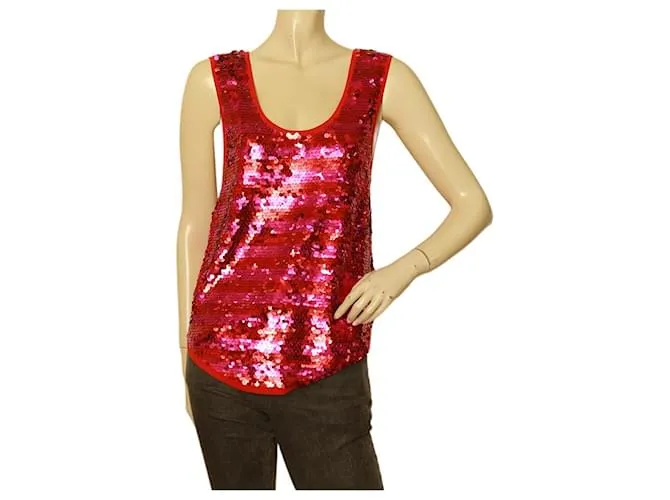 Sonia Rykiel top sin mangas con chaleco de lentejuelas a rayas rojas y fucsia con lentejuelas 